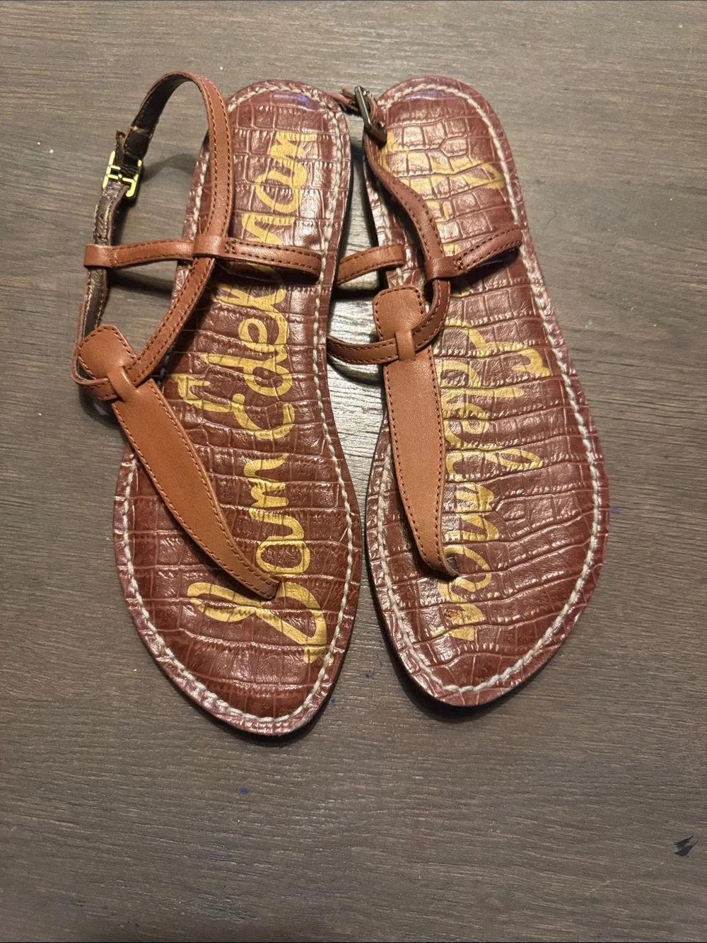 Sam Edelman Brown Leather Knot-Detail T-Strap Sandals